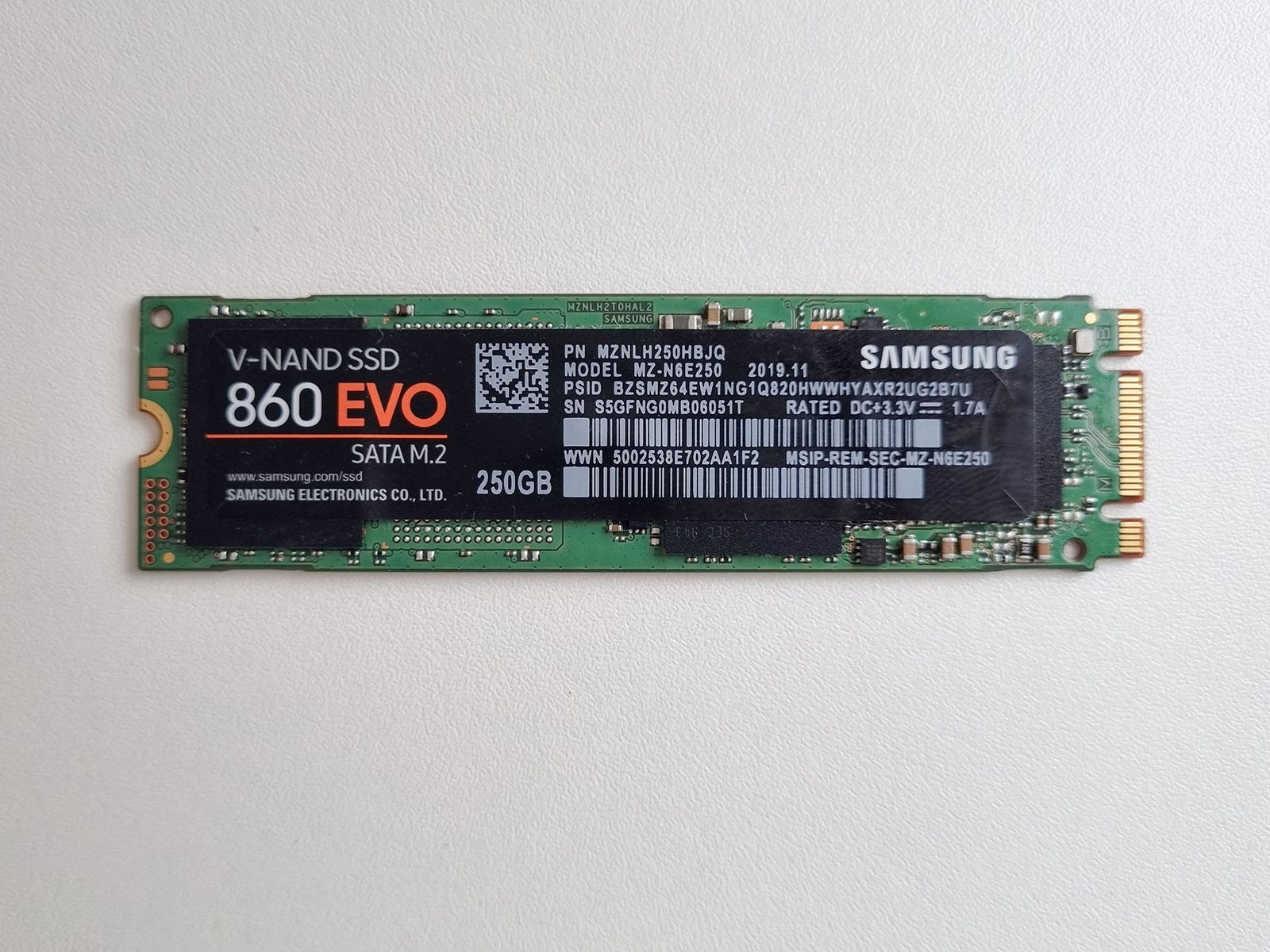 M.2 form-factor SSD label, showing the compact stick-shaped board shared by NVMe and M.2 SATA drives.